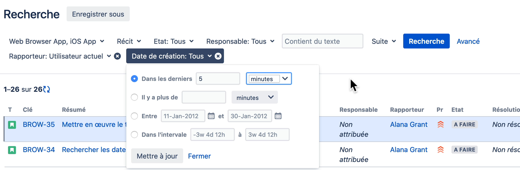 The basic search in Jira : the search criteria - date field