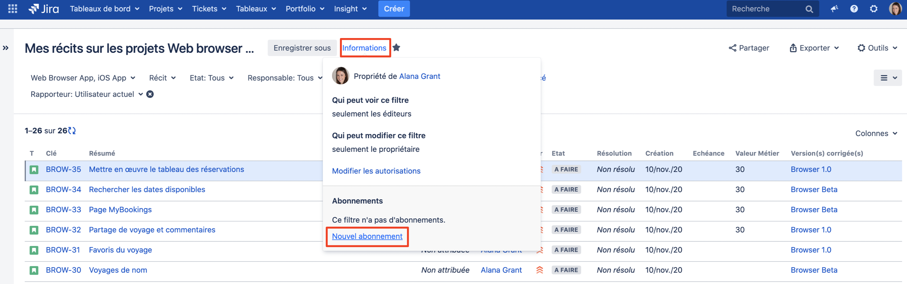 Recherche dans Jira : Abonnement à un filtre