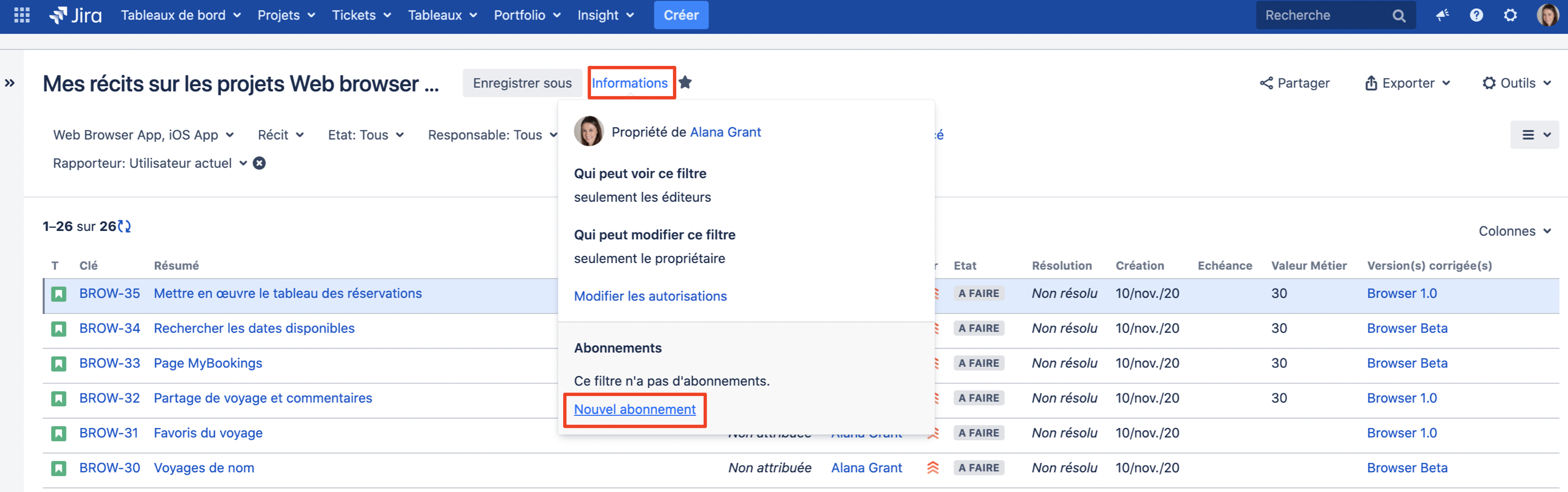 Recherche dans Jira : Abonnement à un filtre 