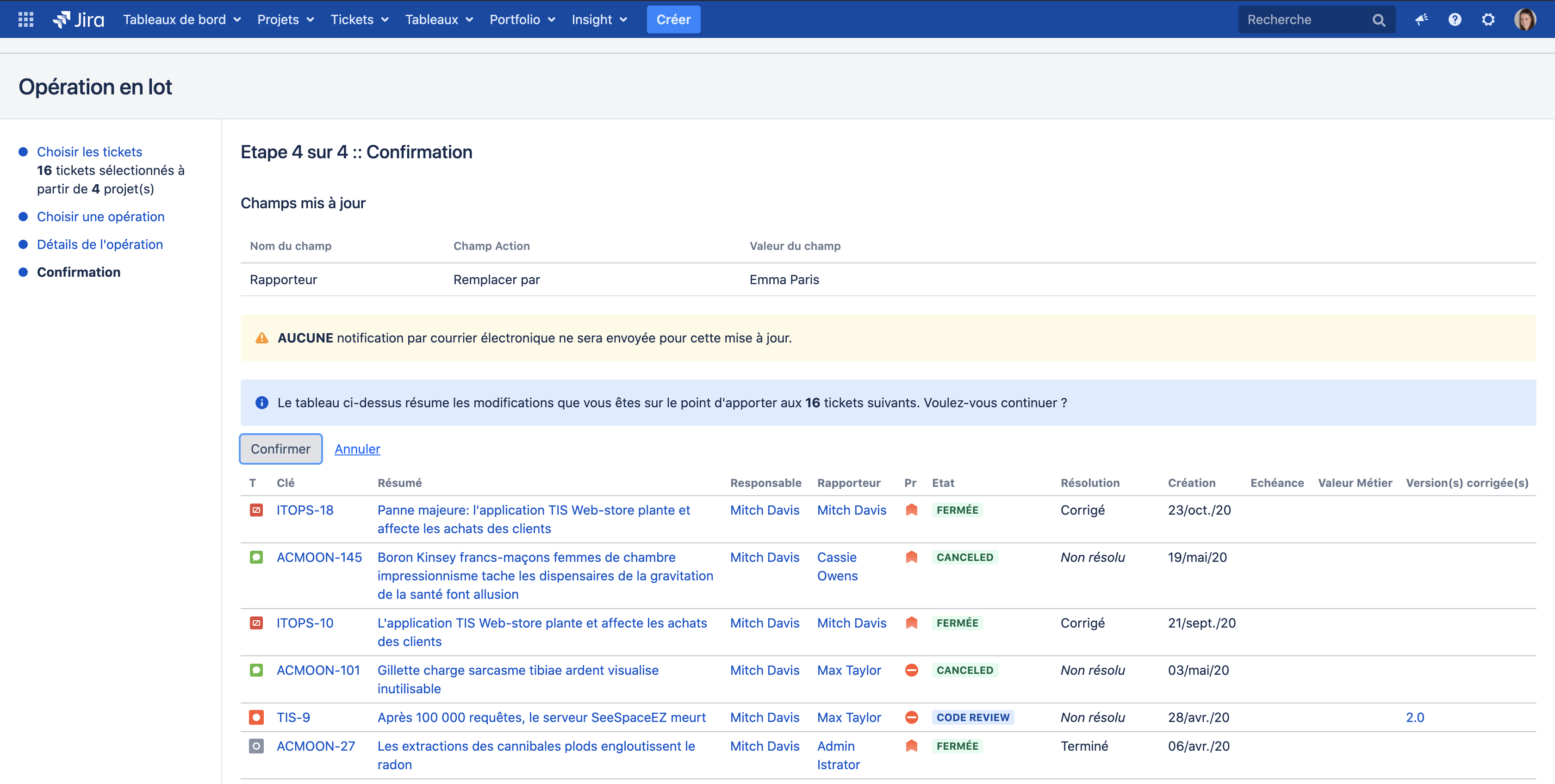 Opération en lot dans Jira : mettre à jour un champ