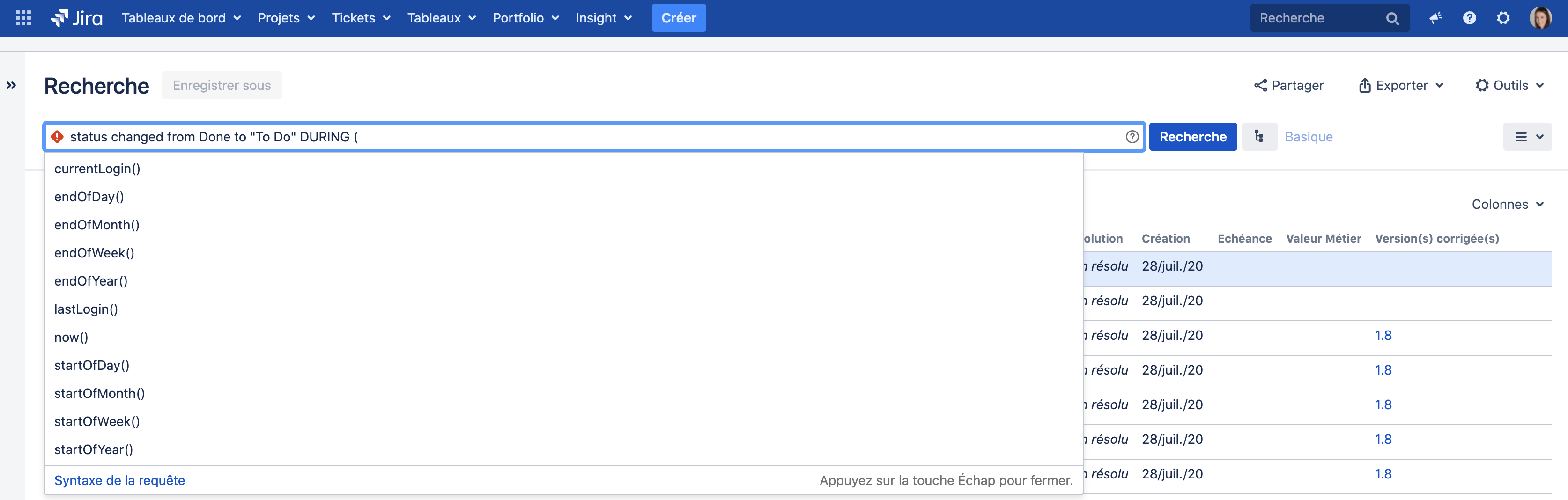 Search for requests by date in Jira