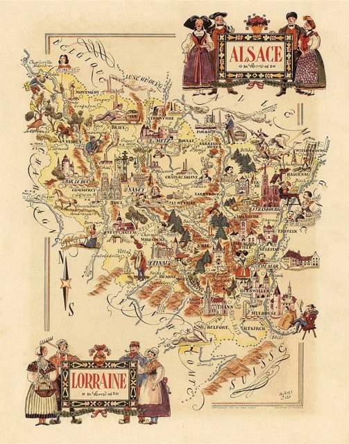 Une carte ancienne d'Alsace - Lorraine avec les points d'intérêt : cathédrale de Strasbourg, le massif des Vosges, le Rhin, Nancy, Metz, etc.