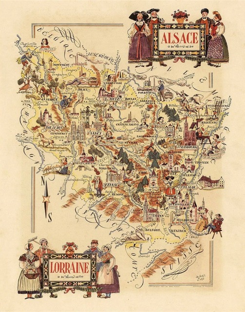 An old map of Alsace - Lorraine with points of interest: Strasbourg cathedral, the Vosges mountains, the Rhine, Nancy, Metz, etc.