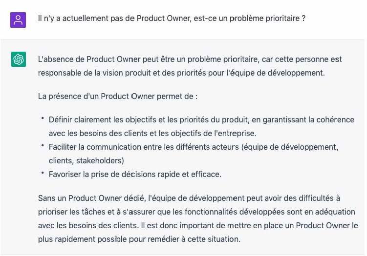 ChatGPT répond à la coach agile sur l'absence de Product Owner dans l'équipe agile de développement logiciel en entreprise