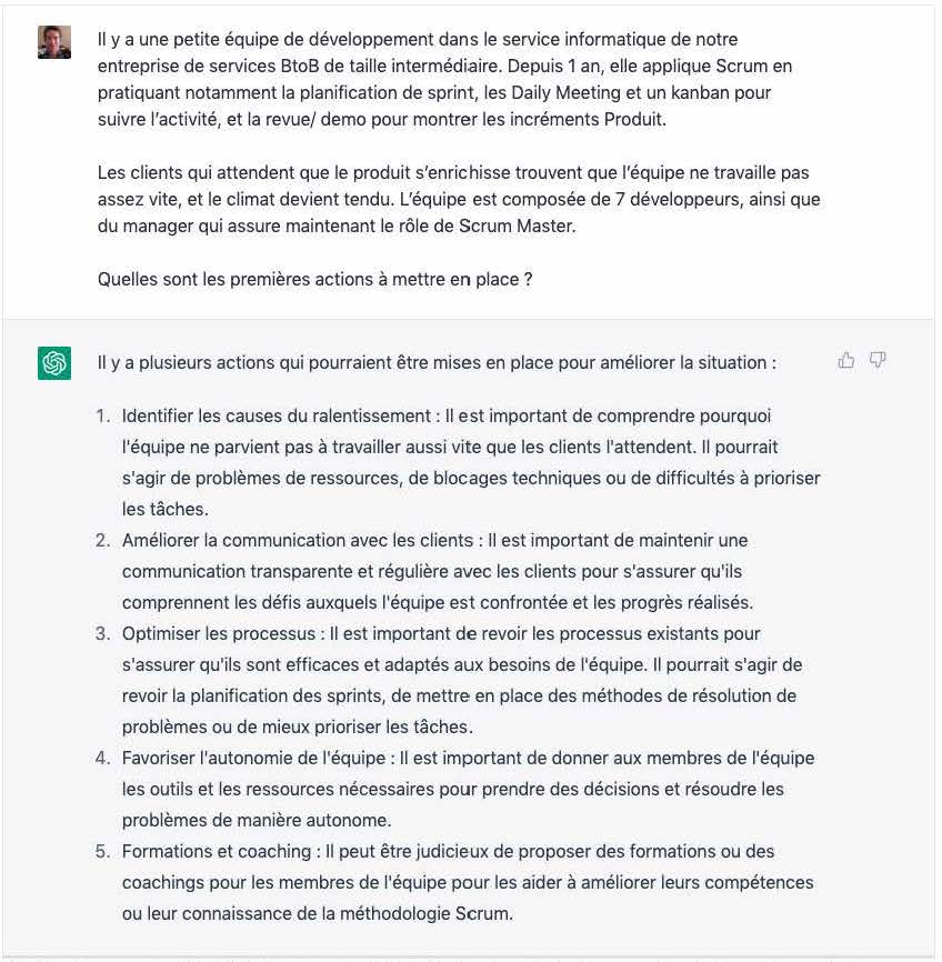 La réponse donnée par ChatGPT au problème rencontré par une entreprise sur son équipe de développement logiciel produit