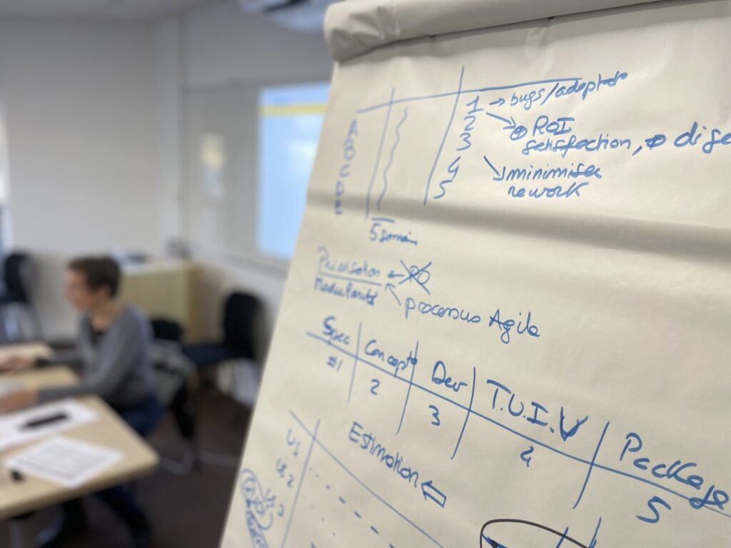 Un tableau indique des notions agiles utilisées par une équipe de développement agile au sein d'une entreprise : bugs, ROI, satisfaction, minimiser le rework, package, processus agile, estimation ;
à l'arrière plan, une coach agile est assise à son bureau