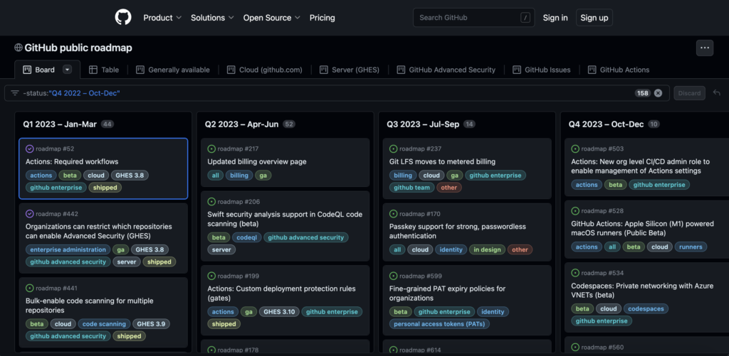 Planification de l'agilité à l'échelle - exemple de roadmap chez GitHub