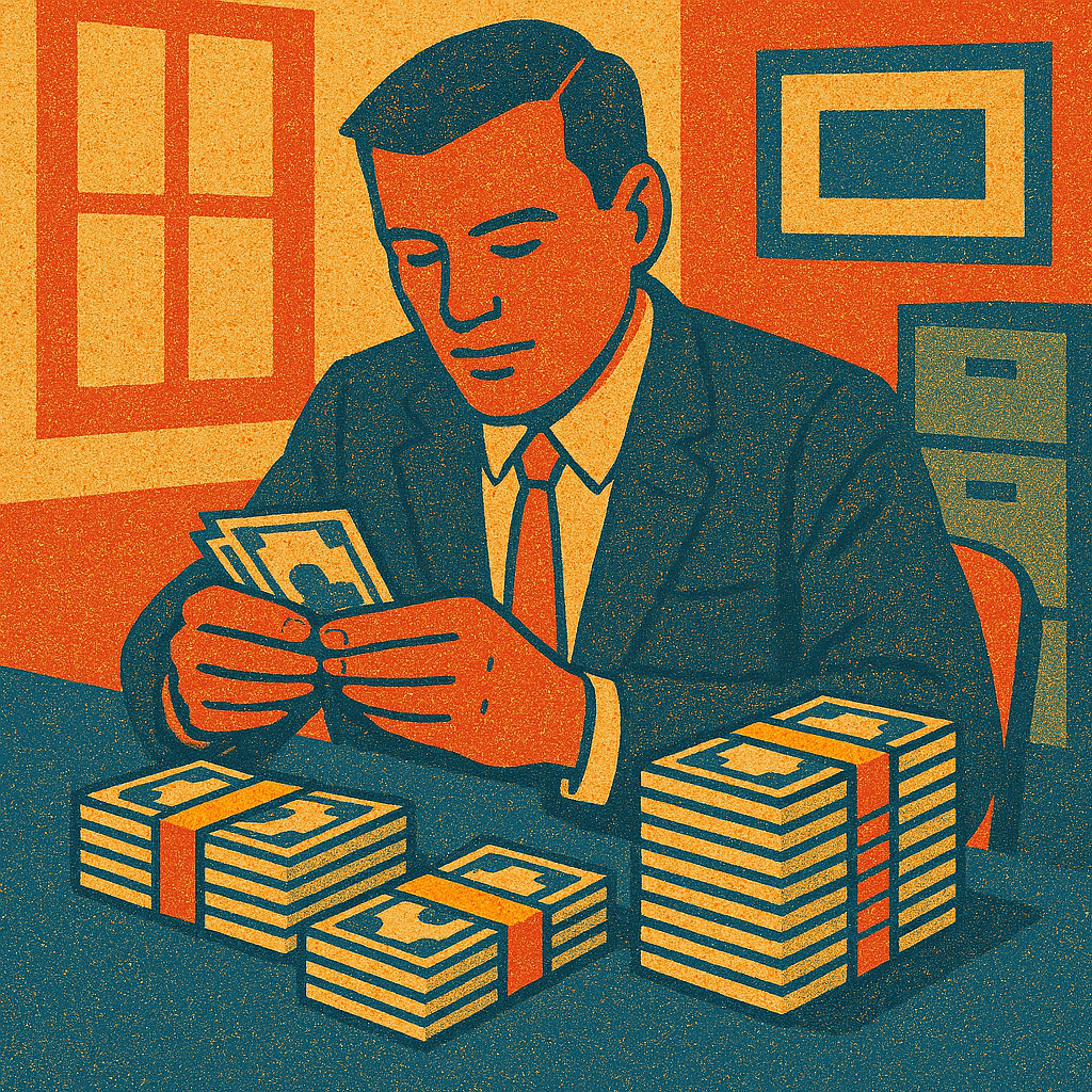 Un homme dans un bureau comptant les billets empil