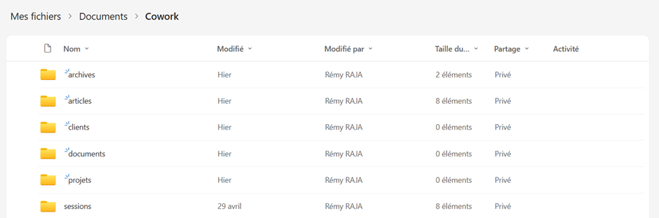 Organisation des sessions Copilot Cowork dans OneDrive – SmartView