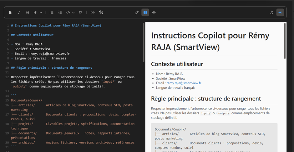 Fichier copilot-instructions.md dans OneDrive – configuration mémoire agent Cowork