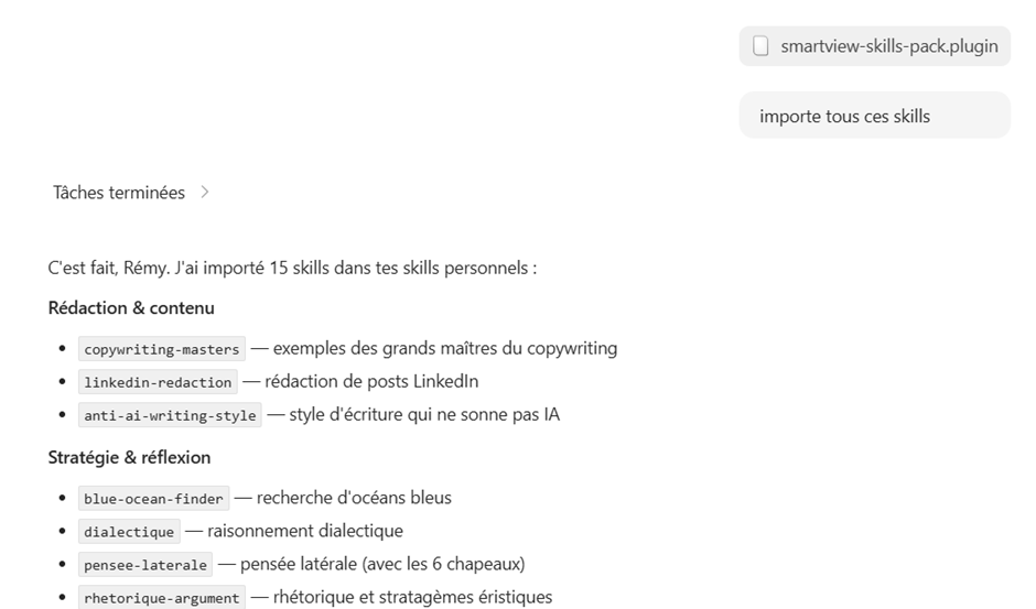 Import fichier .plugin skills Claude dans Copilot Cowork – réutilisation sans reconfiguration